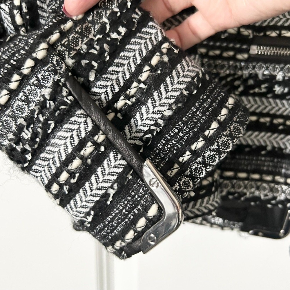 Milly Avery Black White Textured Tweed Leather Trim Jacket Blazer Moto Size 10 - Picture 7 of 9